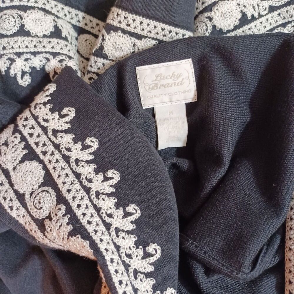 Lucky Brand M Black Embroidered Boho Cardigan Jacket Open Knit India Cotton - Picture 7 of 10